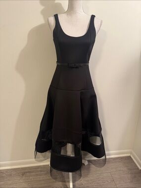 Badgley Mischka Elegant Black Fit-and-Flare Midi Dress with Sheer Hem